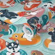 Summer pool pawty // normal scale // aqua background dog breeds in vacations playing on swimming pool floats // Labrador beagle dachshund jack Russell Dalmatian welsh corgi pug greyhound basset hound husky 