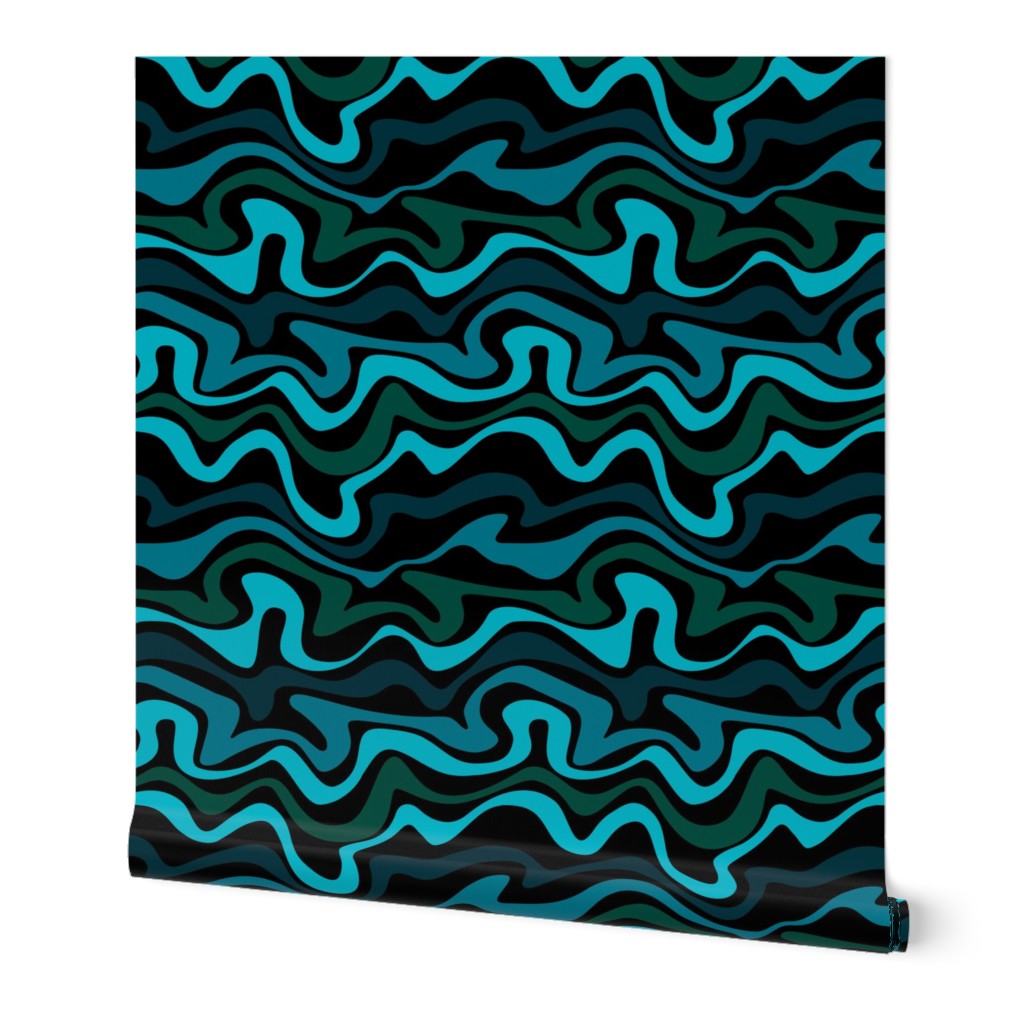 Colorful retro groovy swirls wallpaper - vintage style swirl mid-century disco design nineties surf waves blue green on black