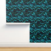 Colorful retro groovy swirls wallpaper - vintage style swirl mid-century disco design nineties surf waves blue green on black
