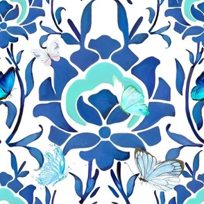 Boho,bohemian,butterflies,blue flowers,ottoman ,floral art