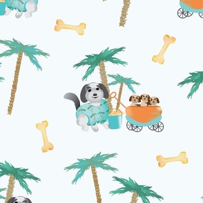 Palm Trees Picnic Puppies,  Doodle Dogs, MED SCALE, 4200—Puppy, Wagons, Palm Trees, Dog, Baby Boy, Baby Girl, Doodle, Cute, Cuter, Cutest Kids Sheets, Golden Doodle, Tropical, Beach, Ocean, Gray, Brown