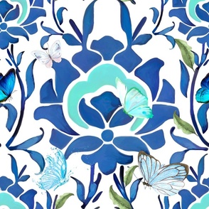 Boho,bohemian,blue flowers,butterflies,ottoman ,floral art