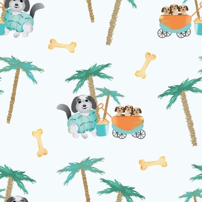 Palm Trees Picnic Puppies,  Doodle Dogs, LG SCALE, 6300—Puppy, Wagons, Palm Trees, Dog, Baby Boy, Baby Girl, Doodle, Golden Doodle, Cute, Cuter, Cutest Kids Sheets, Tropical, Beach, Ocean, Gray, Brown, 6300