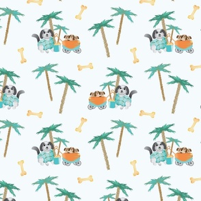 Palm Trees Picnic Puppies,  Doodle Dogs, SM SCALE, 2100—Puppy, Dog, Wagons, Palm Trees, Dog, Baby Boy, Baby Girl, Doodle, Cute, Cuter, Cutest Kids Sheets, Golden Doodle, Tropical, Beach, Ocean, Gray, Brown