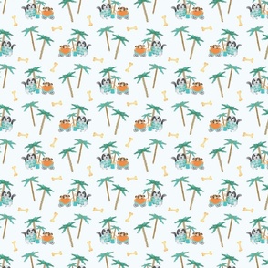 Palm Trees Picnic Puppies,  Doodle Dogs, MINI SCALE, 1050–Puppies, Wagons, Palm Trees, Dog, Baby Boy, Baby Girl, Doodle, Golden Doodle, Cute, Cuter, Cutest Kids Sheets, Tropical, Beach, Ocean, Gray, Brown
