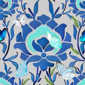 Boho,bohemian,blue flowers,butterflies,ottoman ,floral art