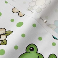 Large Scale Spring Flowers and Green Frogs on White
