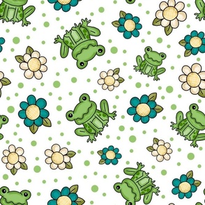 Large Scale Spring Flowers and Green Frogs on White