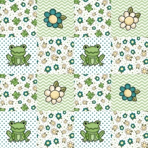Smaller Scale Patchwork 3" Squares Spring Frogs and Flowers on White