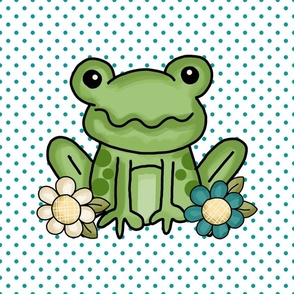 18x18 Panel Spring Frog and Flowers on White for DIY Throw Pillow Cushion Cover or Lovey