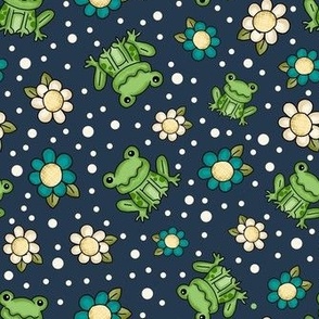 Medium Scale Green Frogs and Spring Flowers on Navy