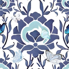 Boho,bohemian,blue flowers,butterflies,ottoman ,floral art