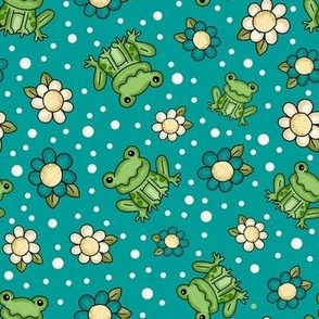 Medium Scale Spring Frogs and Flowers on Turquoise