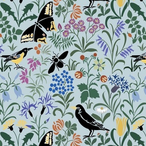 CFA Voysey Birds Tulips Bees Nature Art Deco Vintage Art Nouvea on Light Blue