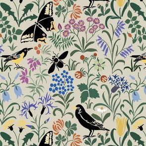 CFA Voysey Birds Tulips Bees Nature Spring Vintage Art Deco Arts and Crafts on Beige