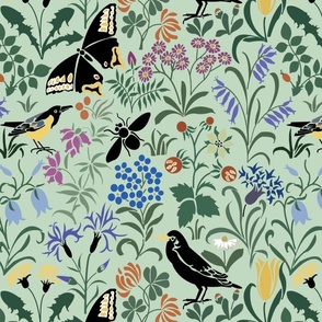 CFA Voysey Birds Tulips Bees Summer Spring Vintage Arts and Crafts Art Nouvea on  Green