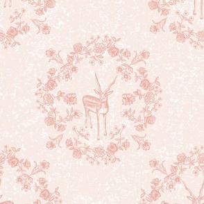 Victorian style pink  deer in a floral wreath repeat  on textured blush size small 