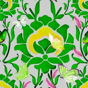 Boho,bohemian,green flowers,butterflies,ottoman ,floral art
