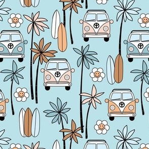 Surf boards and palm trees - camper van summer roadtrip adventures and smiley daisies caramel blush blue