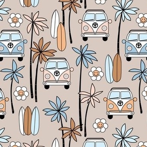 Surf boards and palm trees - camper van summer roadtrip adventures and smiley daisies caramel blue blush on tan boys vintage palette