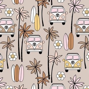 Surf boards and palm trees - camper van summer roadtrip adventures and smiley daisies pink yellow caramel on tan beige seventies vintage palette