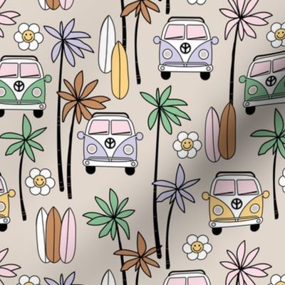 Surf boards and palm trees - camper van summer roadtrip adventures and smiley daisies nineties lilac green pink yellow palette