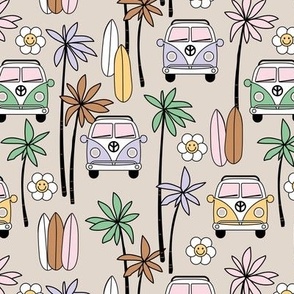 Surf boards and palm trees - camper van summer roadtrip adventures and smiley daisies nineties lilac green pink yellow palette