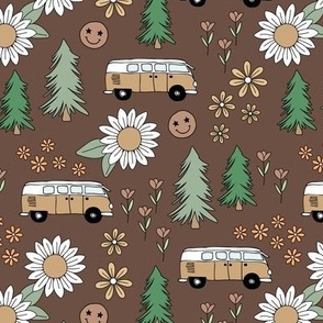 Summer road trip - hippie camper van smiley and flower power blossom cutesy summer design seventies vintage palette green beige tan on chocolate brown