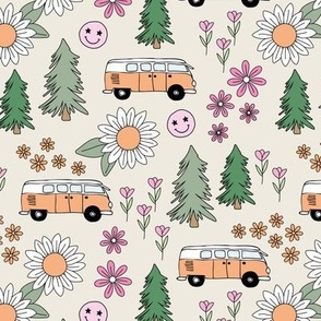 Summer road trip - hippie camper van smiley and flower power blossom cutesy summer design green orange pink on cream sand 