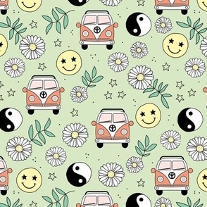 Flower power road trip vacation - daisies smileys and yingyang hippie elements retro summer design orange green