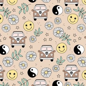 Flower power road trip vacation - daisies smileys and yingyang hippie elements retro summer design soft pastel yellow green beige tan seventies palette