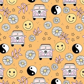 Flower power road trip vacation - daisies smileys and yingyang hippie elements retro summer design orange pink yellow