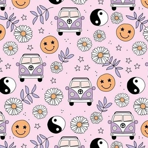 Flower power road trip vacation - daisies smileys and yingyang hippie elements retro summer design orange lilac purple on pink