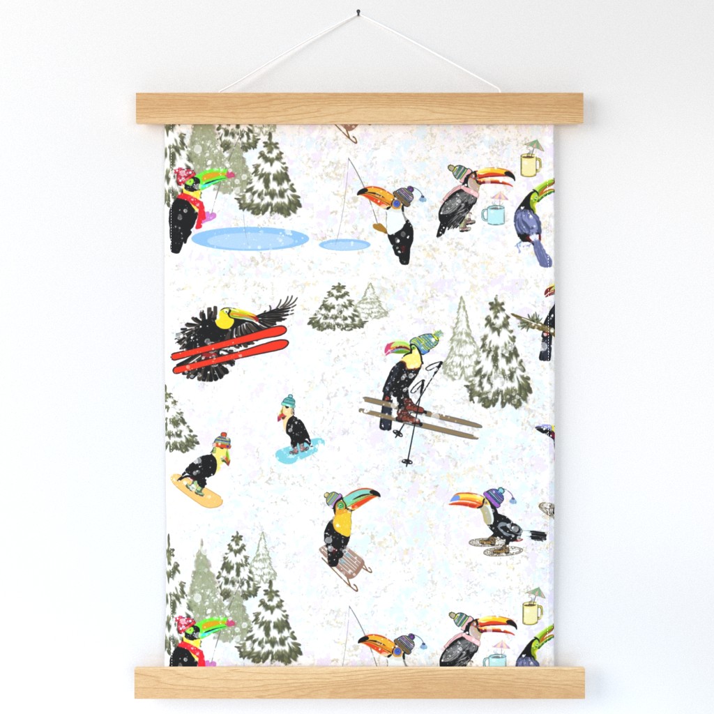 toucans-shredding-it-vacation-skis-sled-ice-fishing-snowshoes-yellow-orange-red-purple-blue-green-pink-tan-snow-flakes