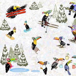 toucans-shredding-it-vacation-skis-sled-ice-fishing-snowshoes-yellow-orange-red-purple-blue-green-pink-tan-snow-flakes