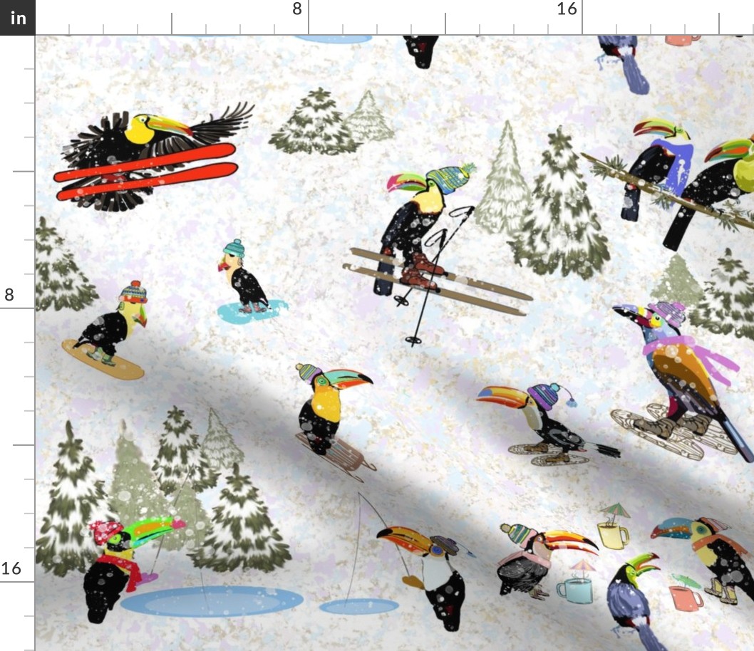 toucans-shredding-it-vacation-skis-sled-ice-fishing-snowshoes-yellow-orange-red-purple-blue-green-pink-tan-snow-flakes