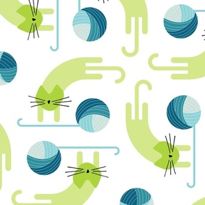 cats on vacation large - playful cat with yarn ball - peacock and lime - stylized cat wallpaper and fabric