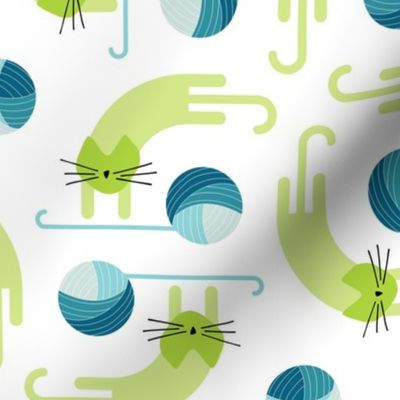 cats on vacation - playful cat with yarn ball - peacock and lime - stylized cat wallpaper and fabric