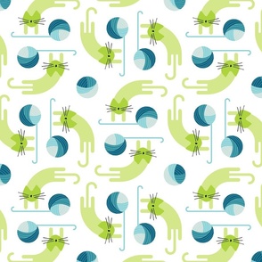 cats on vacation - playful cat with yarn ball - peacock and lime - stylized cat wallpaper and fabric