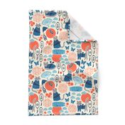 Cats in Kyoto | Medium Scale | Blue Orange-Red Cream Navy & Gray Cat