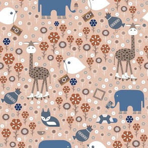 Animals on Safari in the City - Earth Colors and Navy Blue - Funny - Whimsical - Earth Tones - Blue Nova