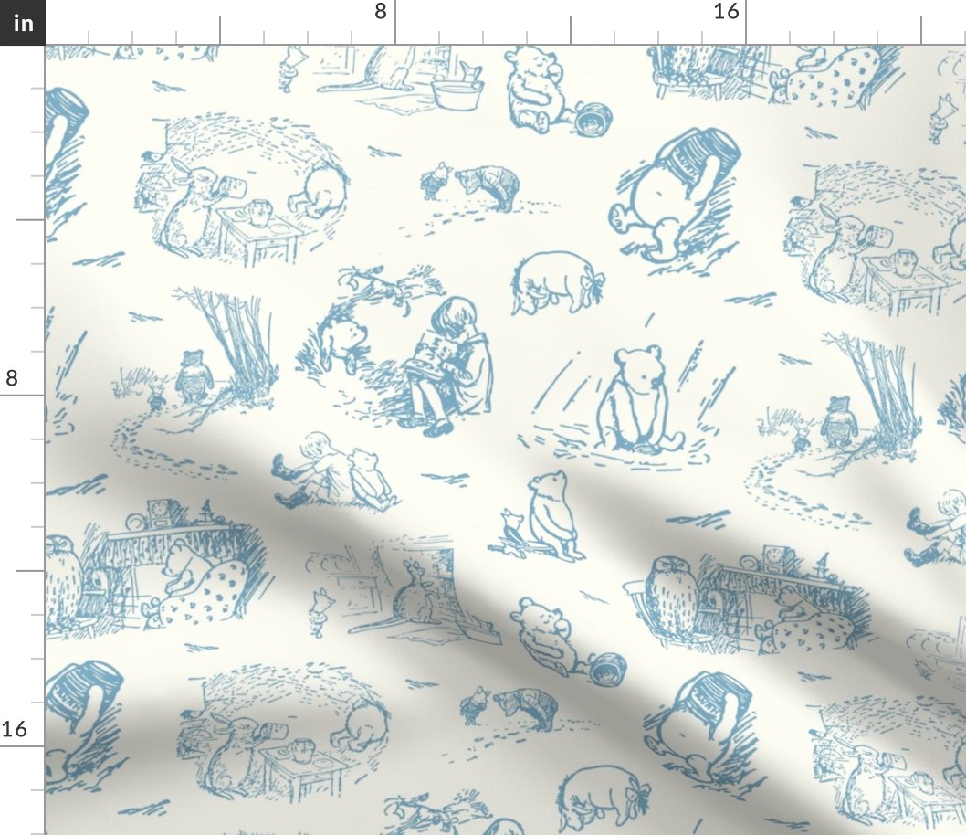 Bigger Scale Classic Pooh Sketch Scenes Antique Blue on Ivory