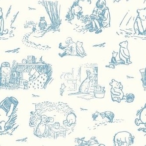 Smaller Scale Classic Pooh Sketch Scenes Antique Blue on Ivory