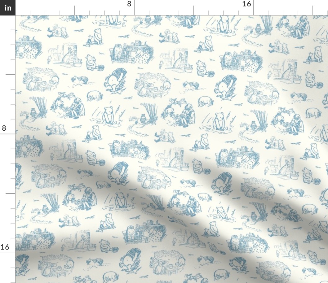 Smaller Scale Classic Pooh Sketch Scenes Antique Blue on Ivory