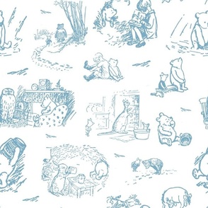 Bigger Scale Classic Pooh Sketch Scenes Antique Blue on White