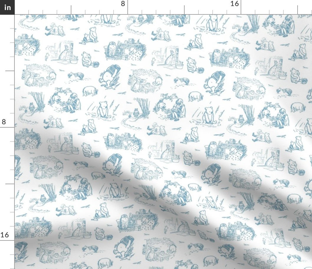 Smaller Scale Classic Pooh Sketch Scenes Antique Blue on White