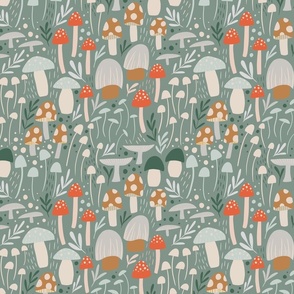 Woodland Mushroom Meadow - sage green - orange mushrooms - medium scale