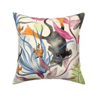 Cat Fish Paradise||JUMBO||26.7x26.7||multi-color, diving cats, fish, ocean, fun, vacation in watercolor style on creme