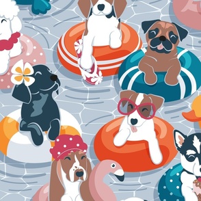 Large jumbo scale // Summer pool pawty // pastel blue background dog breeds in vacations playing on swimming pool floats // Labrador beagle dachshund jack Russell Dalmatian welsh corgi pug greyhound basset hound husky 