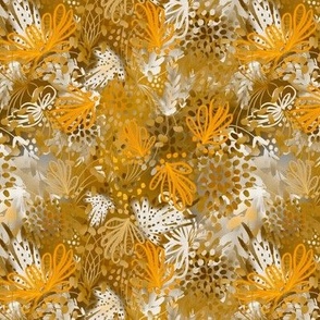 Whimsical abstract plants tossed, scattered summer hues 6” repeat honeycomb yellow , white tan, brown, 